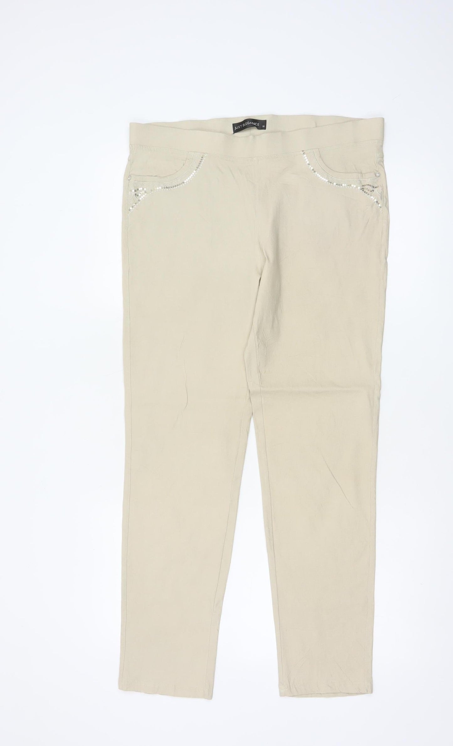 Just Elegance Women's Beige Size 18 Stretch Straight Trousers Rhinestone