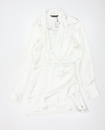 Zara Women White S Wrap Dress Collared Long Sleeve