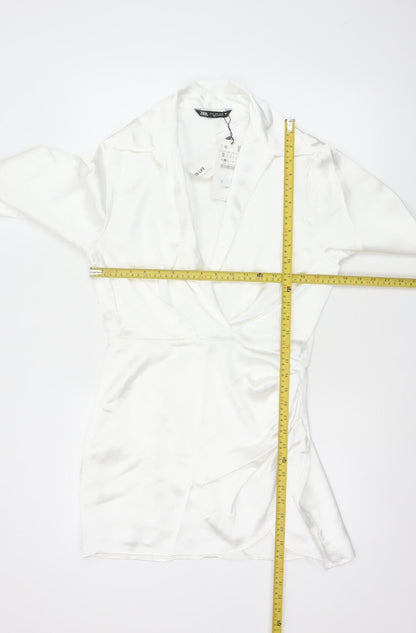 Zara Women White S Wrap Dress Collared Long Sleeve