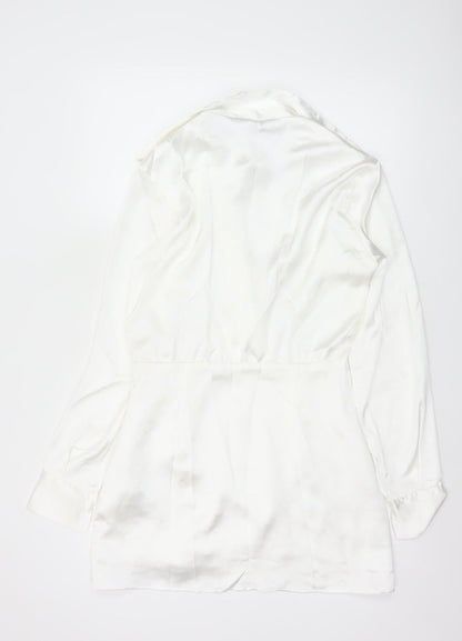 Zara Women White S Wrap Dress Collared Long Sleeve