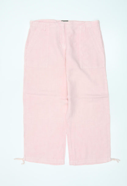 Hobbs Women's Pink UK 12 Linen Cropped Wide-Leg Trousers Pockets
