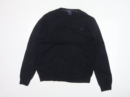 GANT Men’s Black XL Cotton V-Neck Logo Pullover Jumper