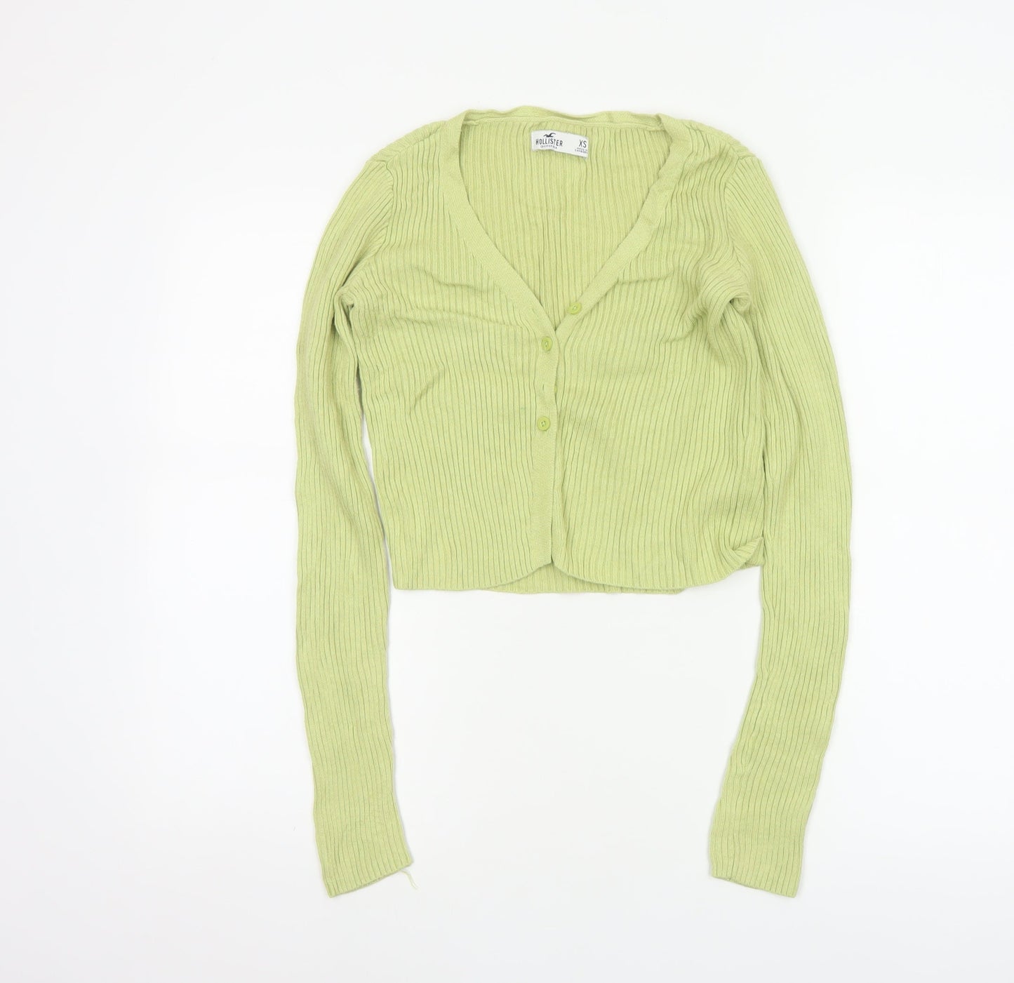 Hollister Women Green XS Rib Knit V-Neck Button Cardigan