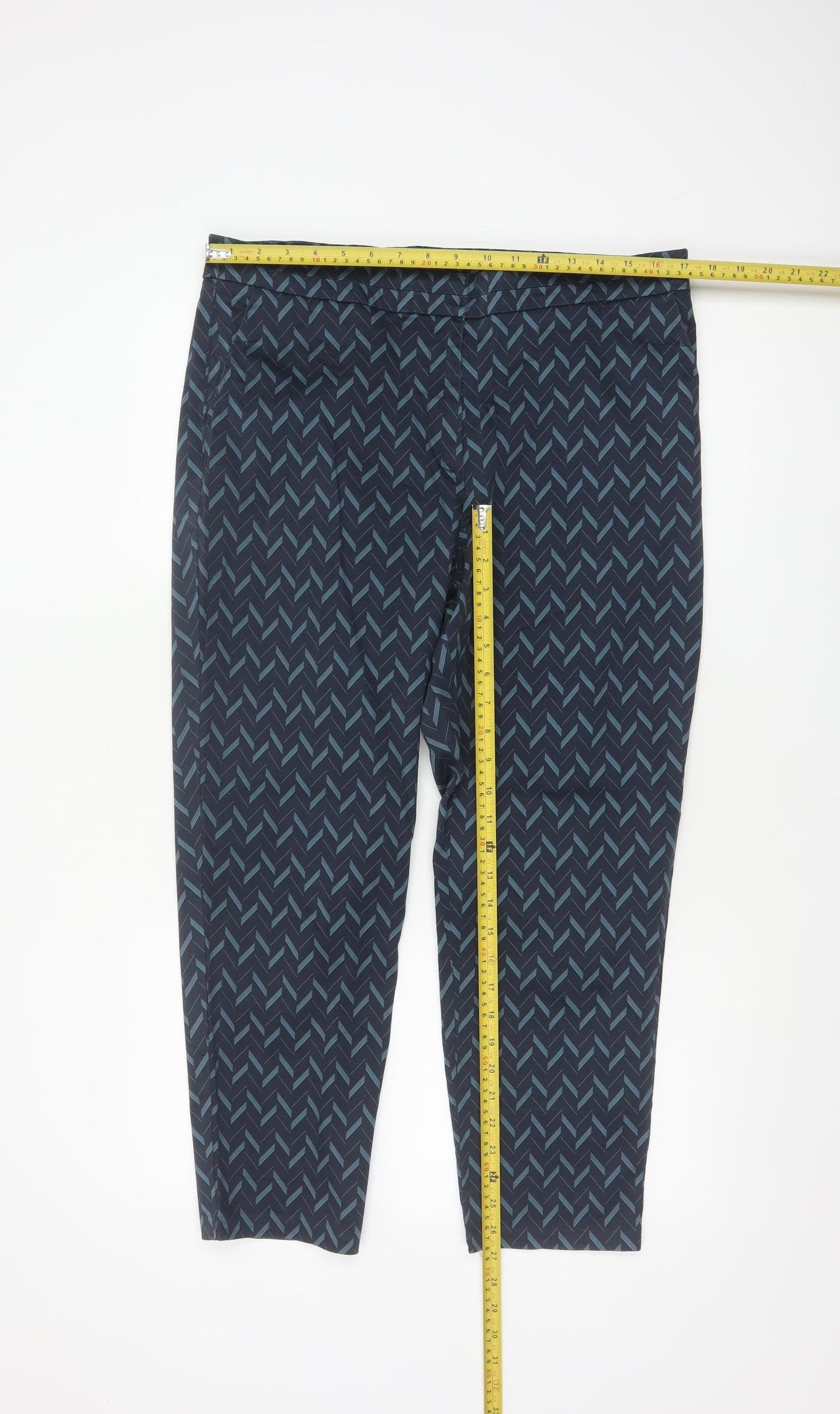 Marks and Spencer Women Blue Geometric Tapered Trousers UK 16