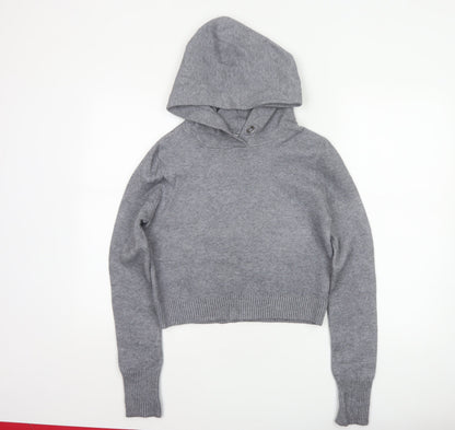 Zara Knit Women Grey S Hooded Pullover Jumper High Neck Viscose Blend