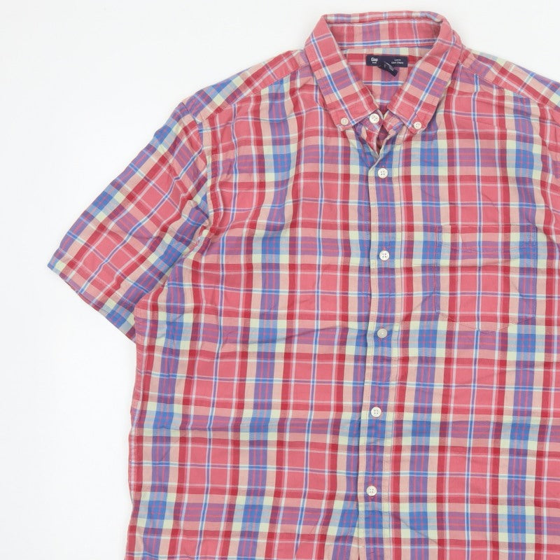 Gap Men's Multicoloured Plaid Slim Fit Short Sleeve Button-Up Shirt L