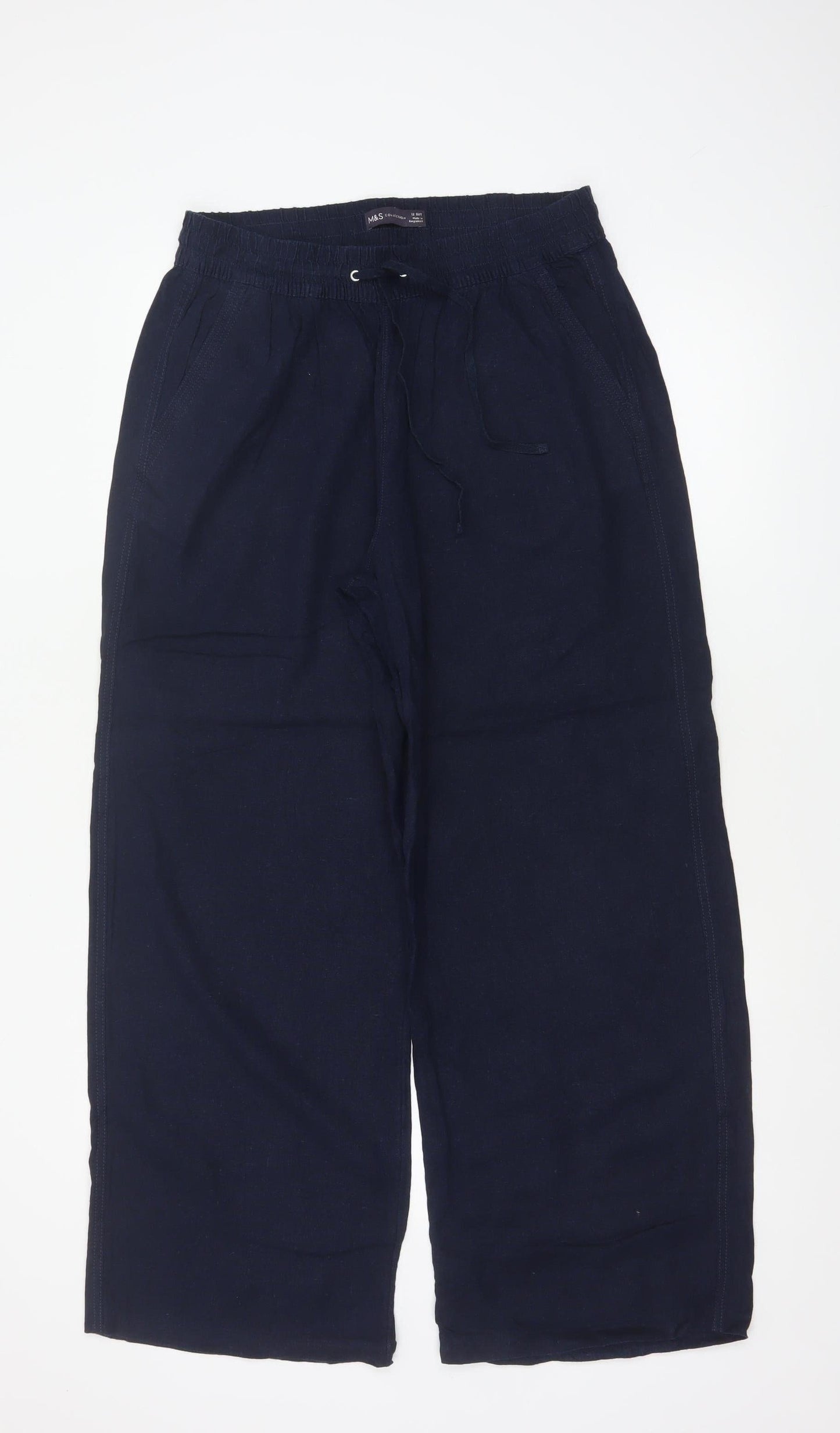 M&S Women Blue Linen Blend Size 12 Short Wide Leg Drawstring Trousers