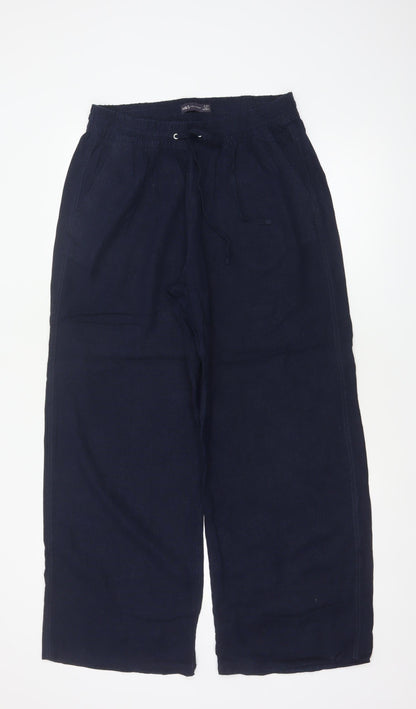 M&S Women Blue Linen Blend Size 12 Short Wide Leg Drawstring Trousers