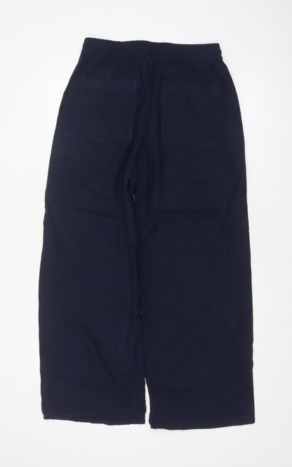 M&S Women Blue Linen Blend Size 12 Short Wide Leg Drawstring Trousers