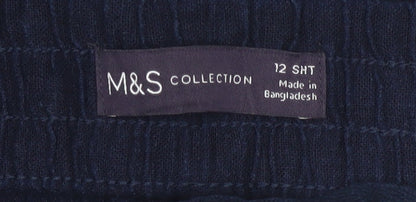 M&S Women Blue Linen Blend Size 12 Short Wide Leg Drawstring Trousers