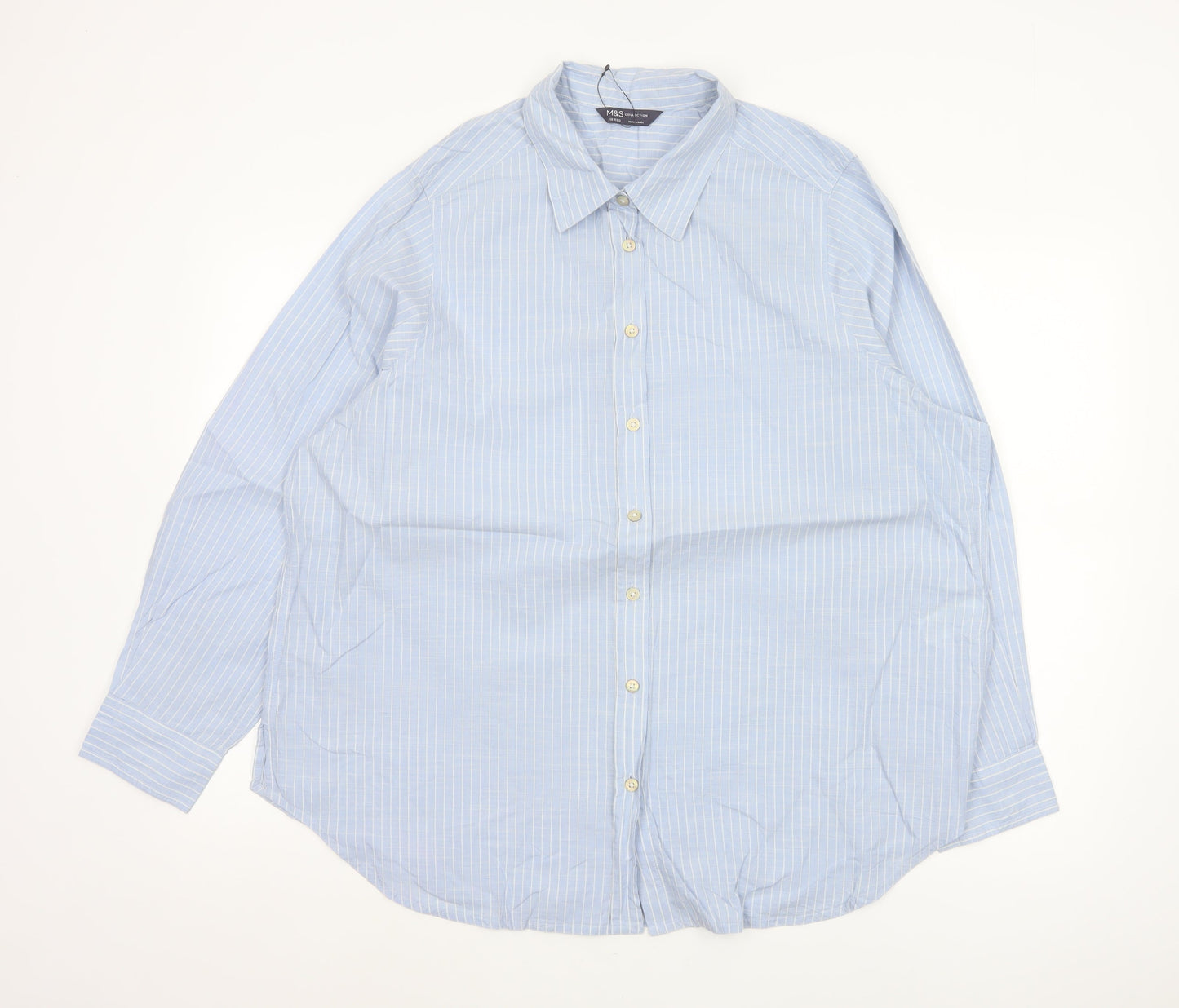 Marks and Spencer Women Blue UK 18 Regular Striped Cotton Button-Up Shirt