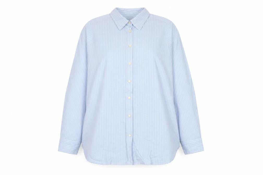 Marks and Spencer Women Blue UK 18 Regular Striped Cotton Button-Up Shirt
