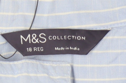 Marks and Spencer Women Blue UK 18 Regular Striped Cotton Button-Up Shirt