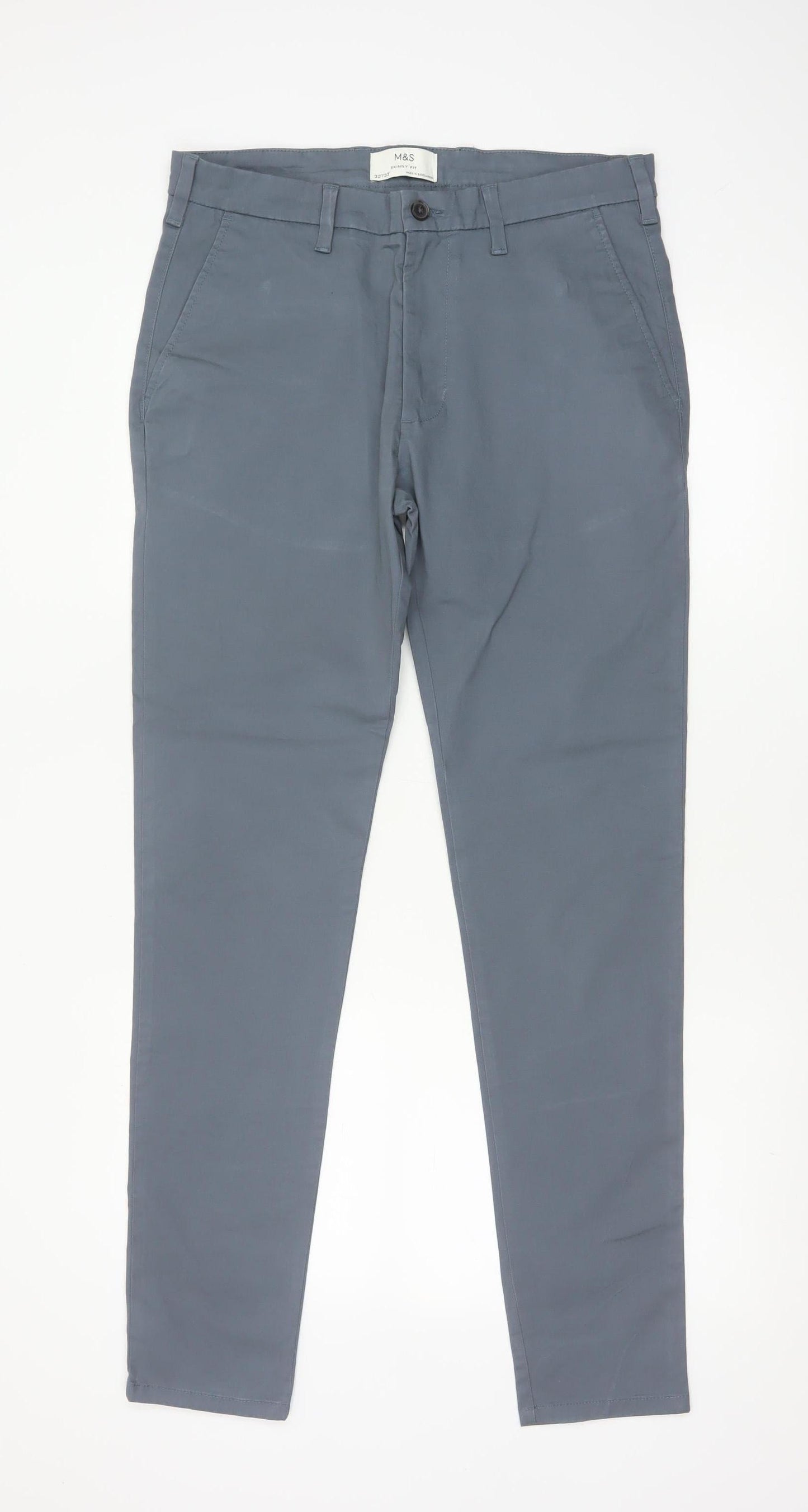 M&S Mens Grey 32in Skinny Fit Stretch Cotton Chino Trousers 33in Leg