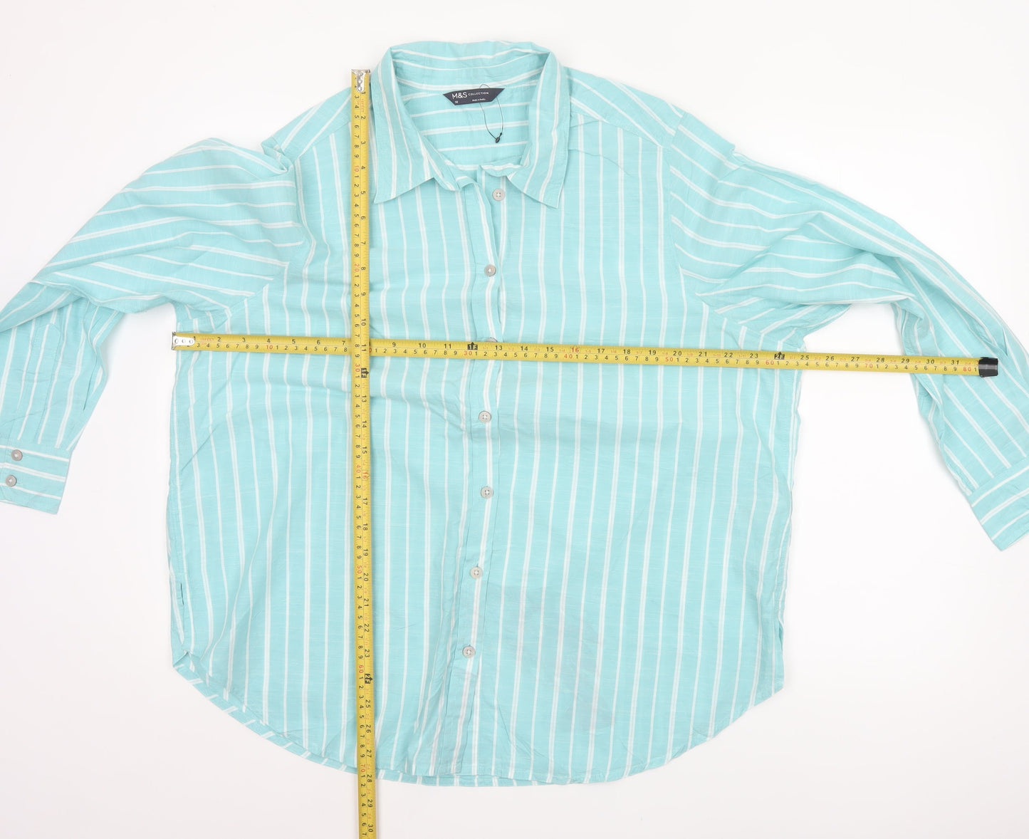 Marks and Spencer Women Blue Stripe Cotton Button-Up Shirt UK 18