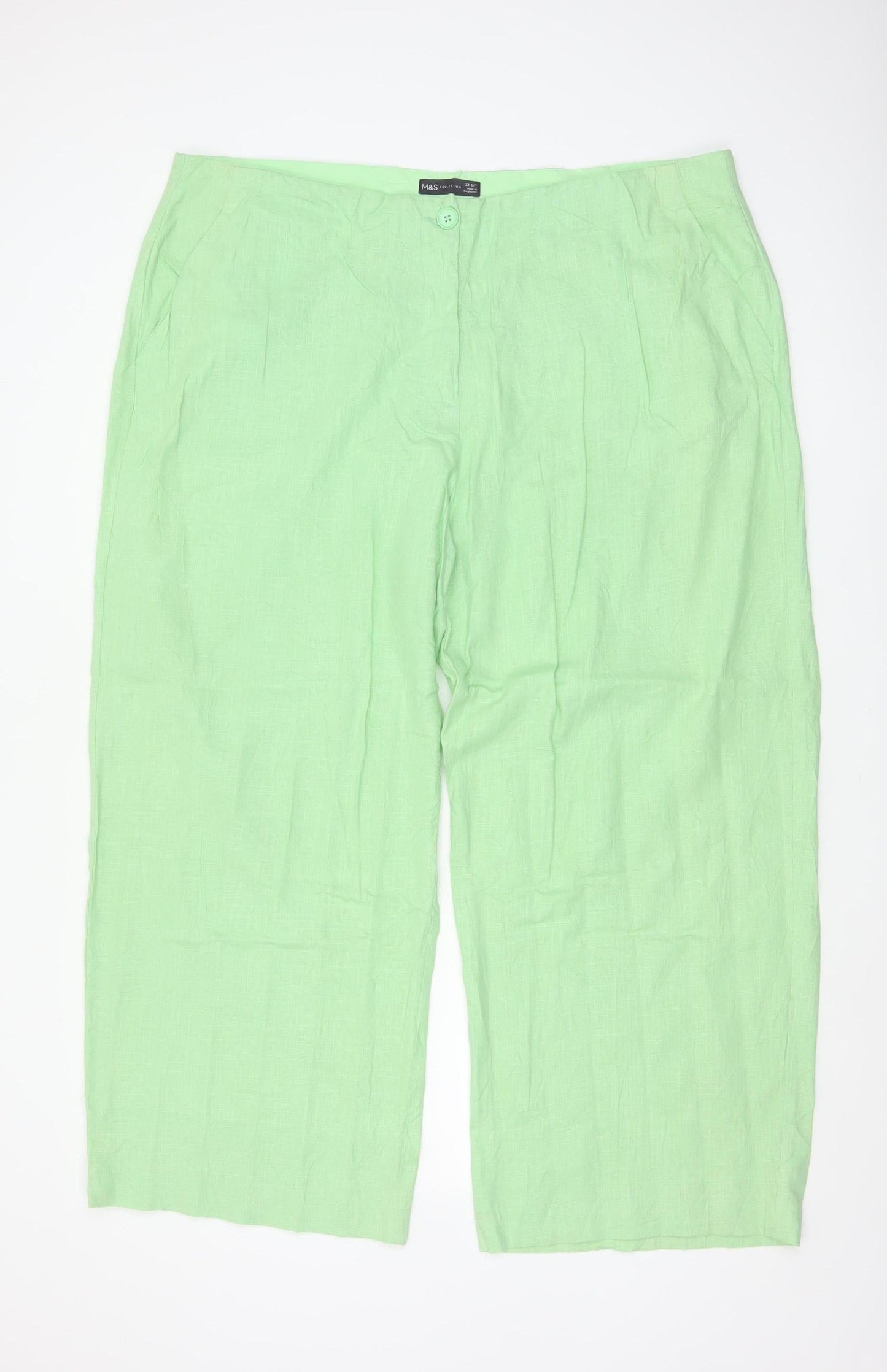 Marks & Spencer Women’s Green Linen Blend Straight Trousers UK 22 Short
