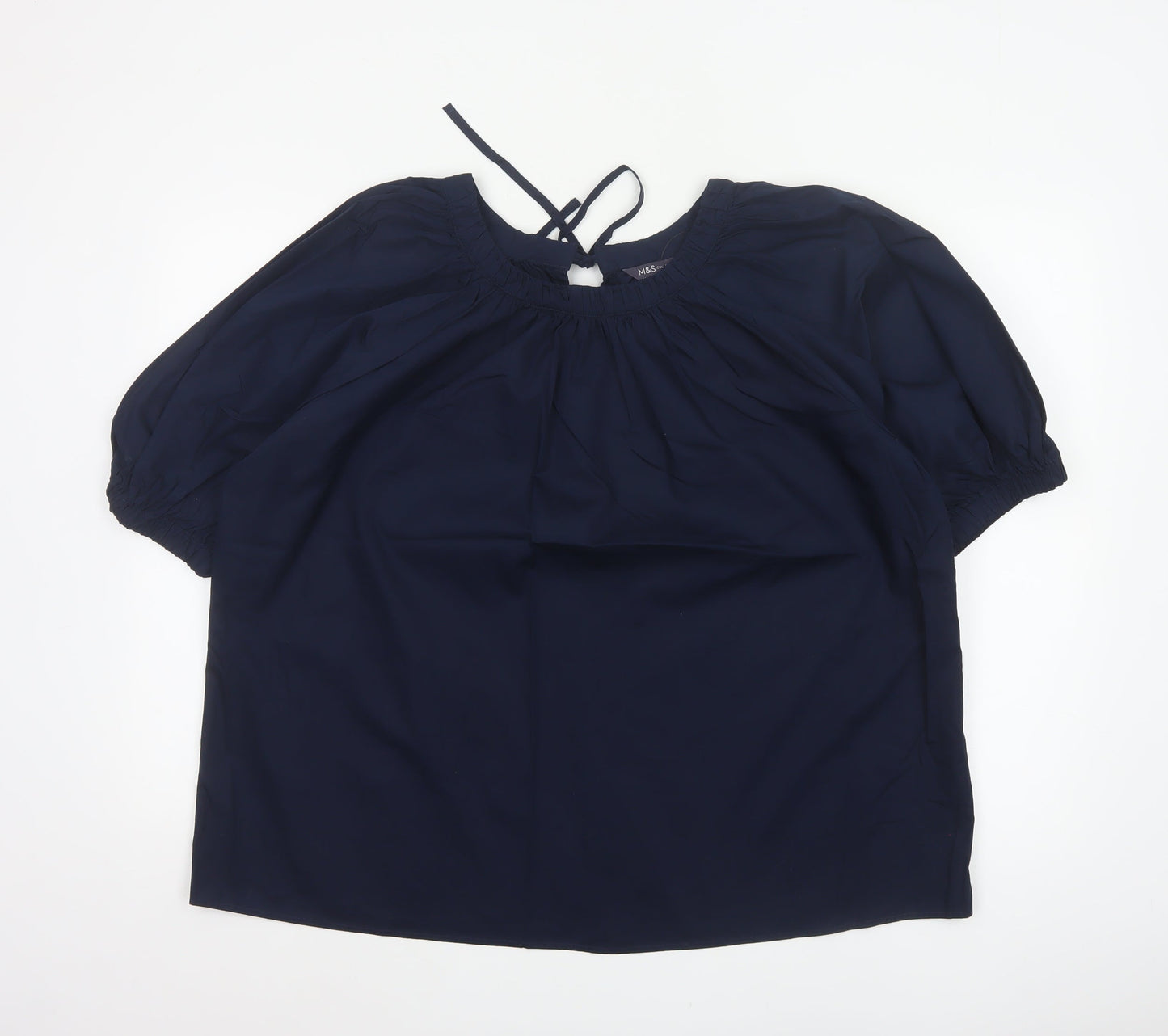 Marks and Spencer Women Blue Size 14 Tie Neck Puff Sleeve Blouse