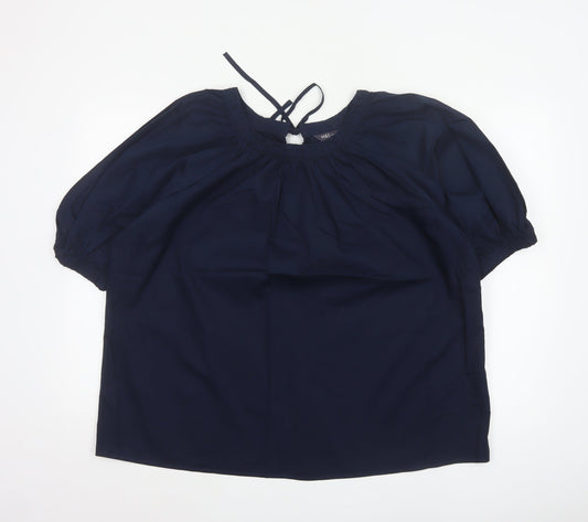 Marks & Spencer Women Blue Size 14 Tie Neck Puff Sleeve Blouse