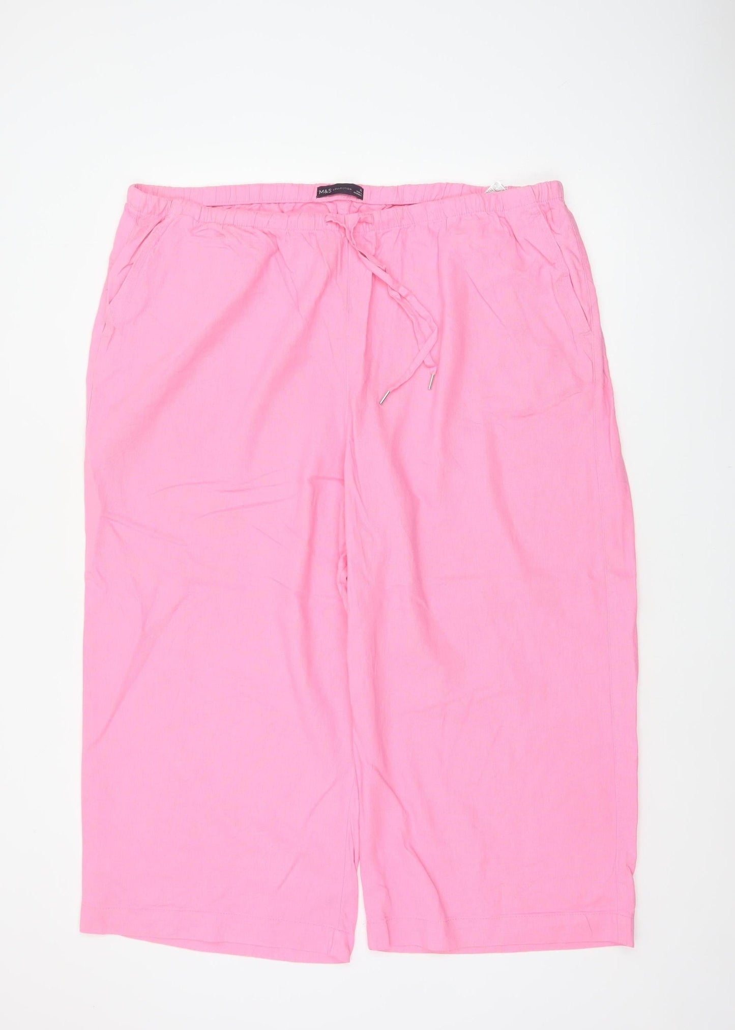 Marks and Spencer Women Pink Size 22 Linen Blend Cropped Wide-Leg Trousers