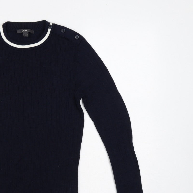 Esprit Women Blue M Rib Knit Crew Neck Button Shoulder Jumper
