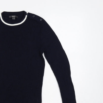 Esprit Women Blue M Rib Knit Crew Neck Button Shoulder Jumper