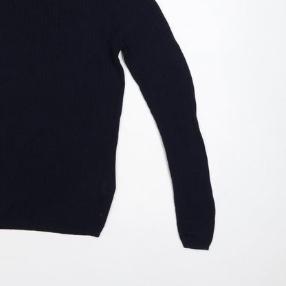Esprit Women Blue M Rib Knit Crew Neck Button Shoulder Jumper