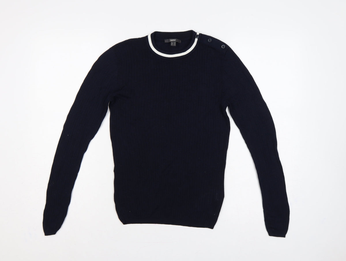 Esprit Women Blue M Rib Knit Crew Neck Button Shoulder Jumper