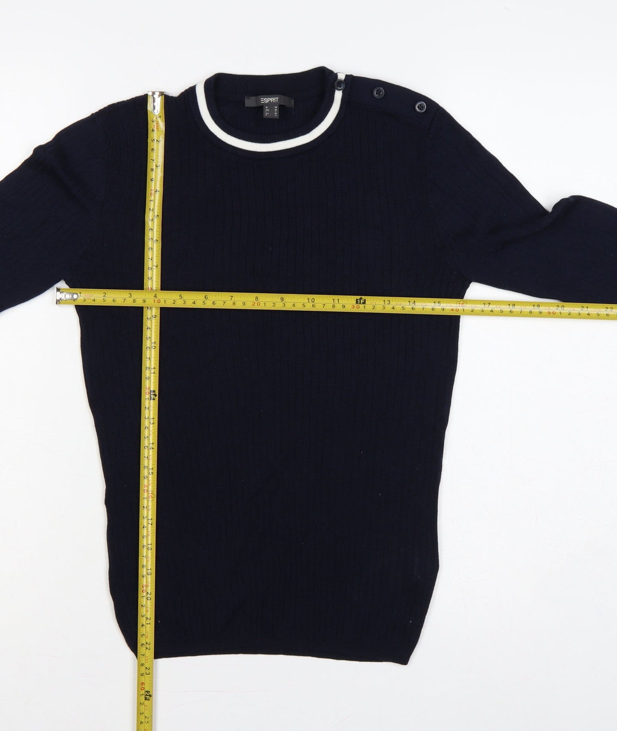 Esprit Women Blue M Rib Knit Crew Neck Button Shoulder Jumper