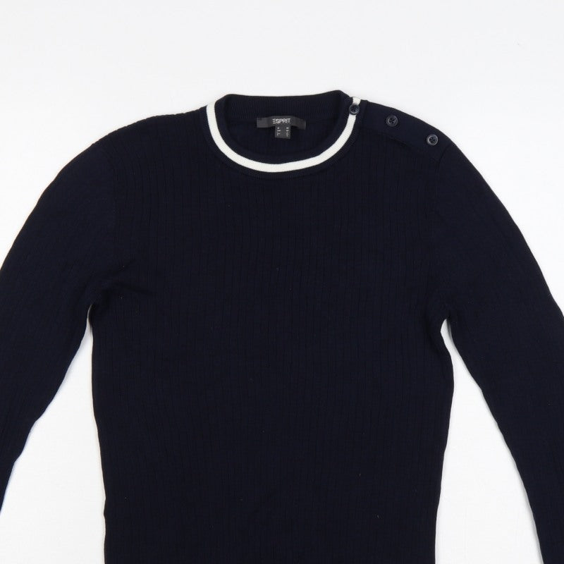Esprit Women Blue M Rib Knit Crew Neck Button Shoulder Jumper