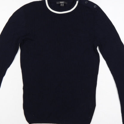 Esprit Women Blue M Rib Knit Crew Neck Button Shoulder Jumper