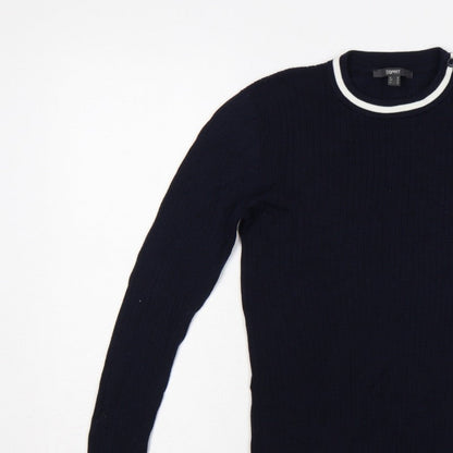 Esprit Women Blue M Rib Knit Crew Neck Button Shoulder Jumper