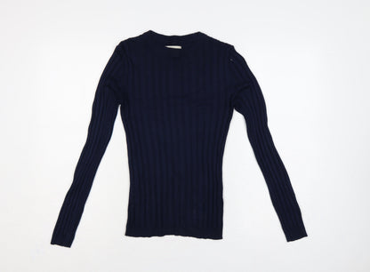 River Island Women Blue 2XS Ribbed Crew Neck Slim Knit Jumper