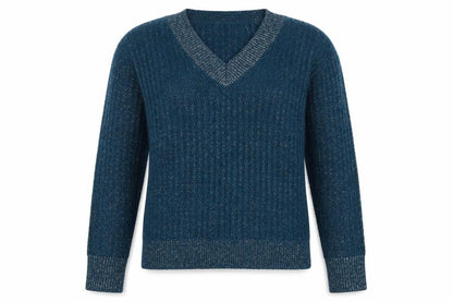 Next Women Blue XS V-Neck Metallic Knit Long Sleeve Pullover Jumper