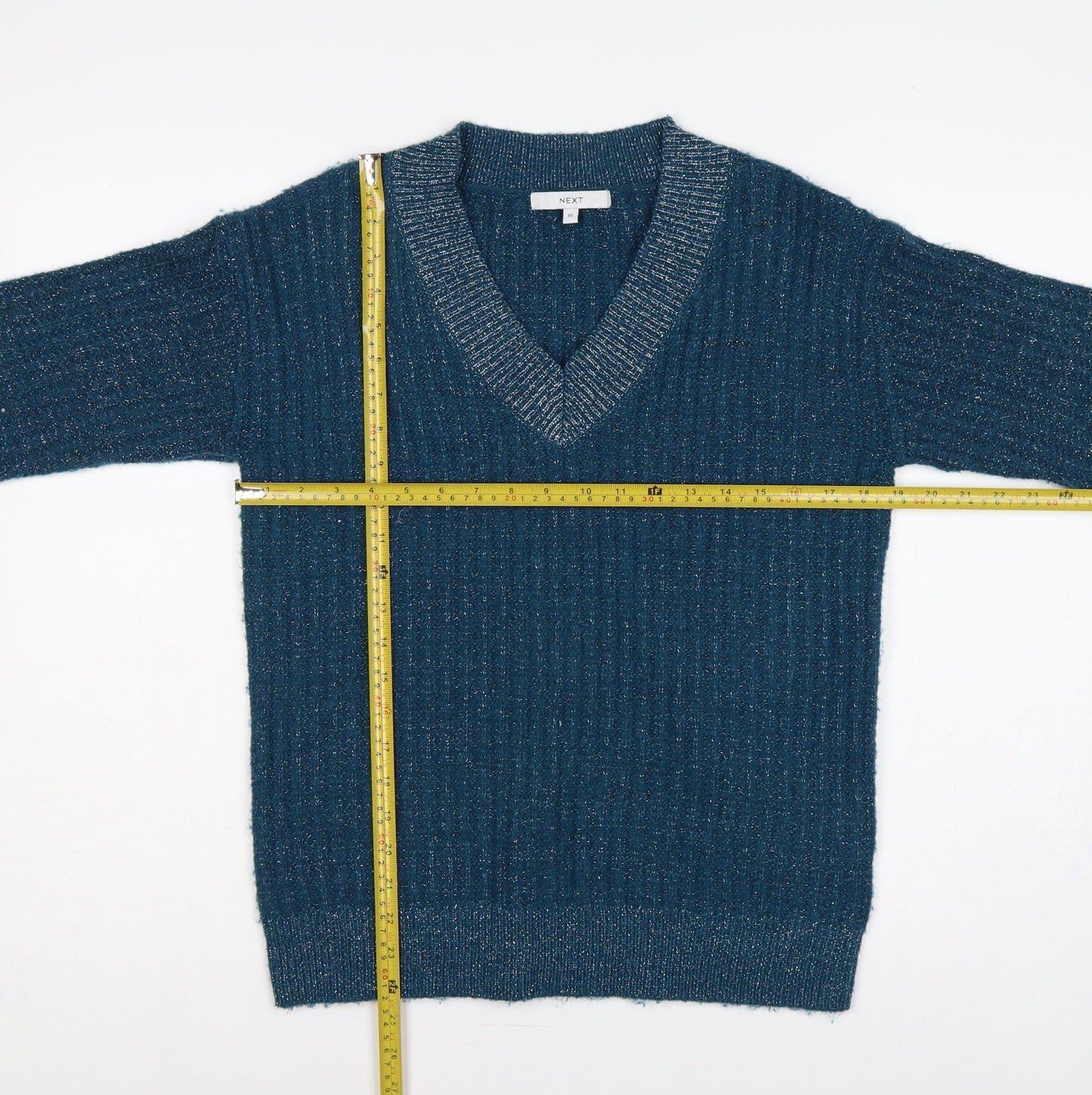 Next Women Blue XS V-Neck Metallic Knit Long Sleeve Pullover Jumper