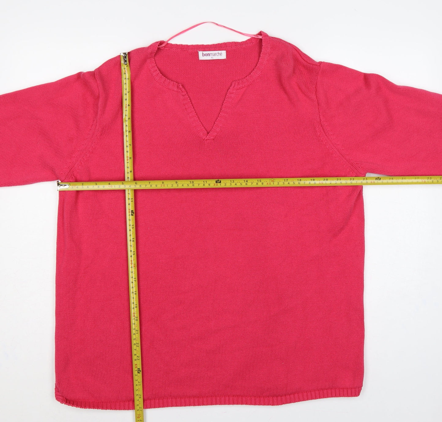 Bonmarché Women Pink XL Cotton V-Neck Raglan Knit Pullover Jumper