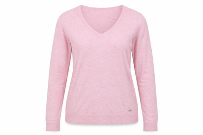 Front view of edc by Esprit Women’s Pink M V-Neck Long Sleeve Cotton Blend Jumper