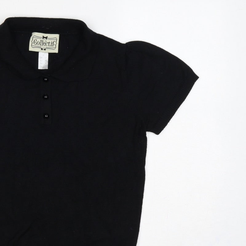 Collectif Women Black UK 12 Henley Collared Short Sleeve Knit Jumper