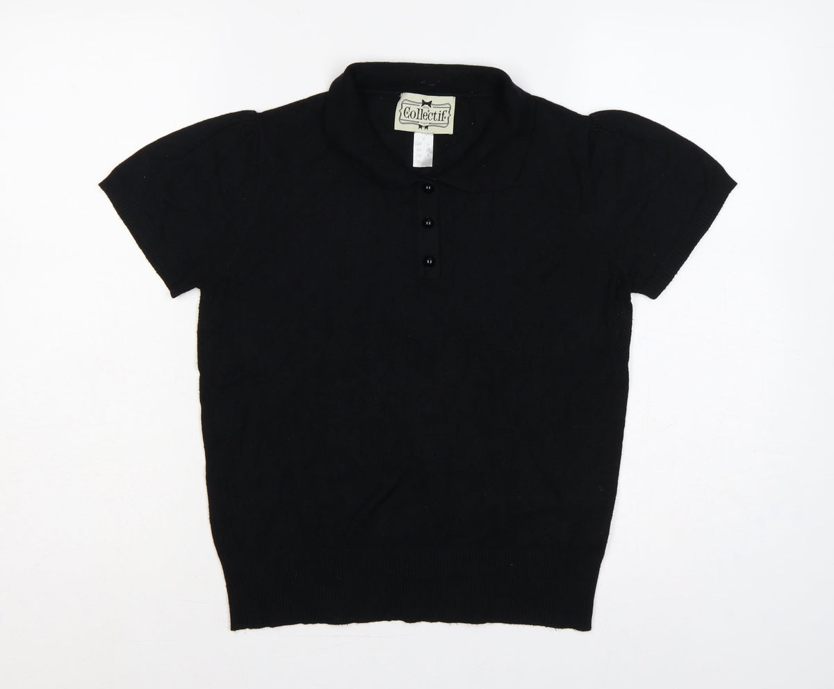 Collectif Women Black UK 12 Henley Collared Short Sleeve Knit Jumper