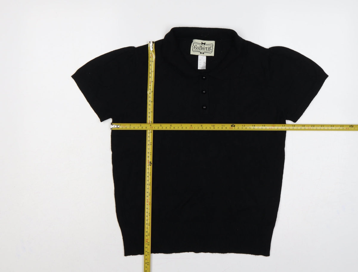 Collectif Women Black UK 12 Henley Collared Short Sleeve Knit Jumper