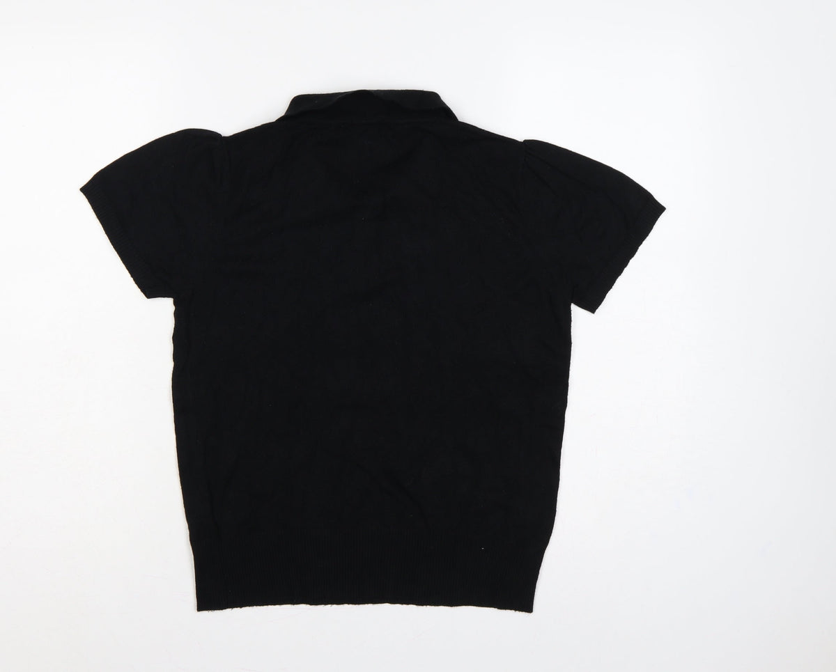Collectif Women Black UK 12 Henley Collared Short Sleeve Knit Jumper