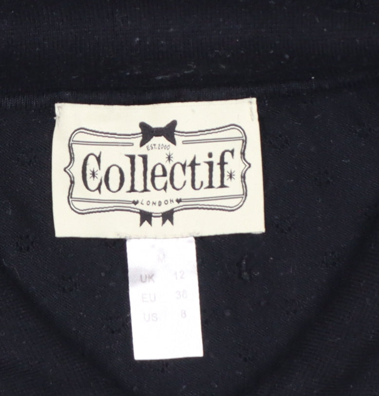 Collectif Women Black UK 12 Henley Collared Short Sleeve Knit Jumper