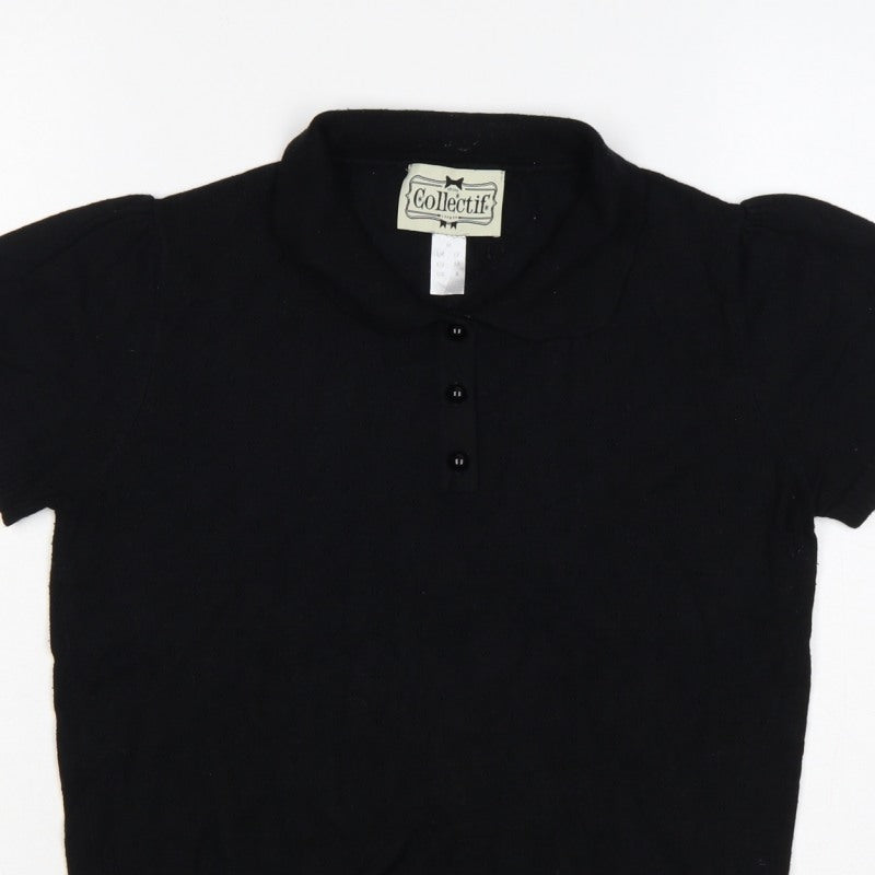 Collectif Women Black UK 12 Henley Collared Short Sleeve Knit Jumper