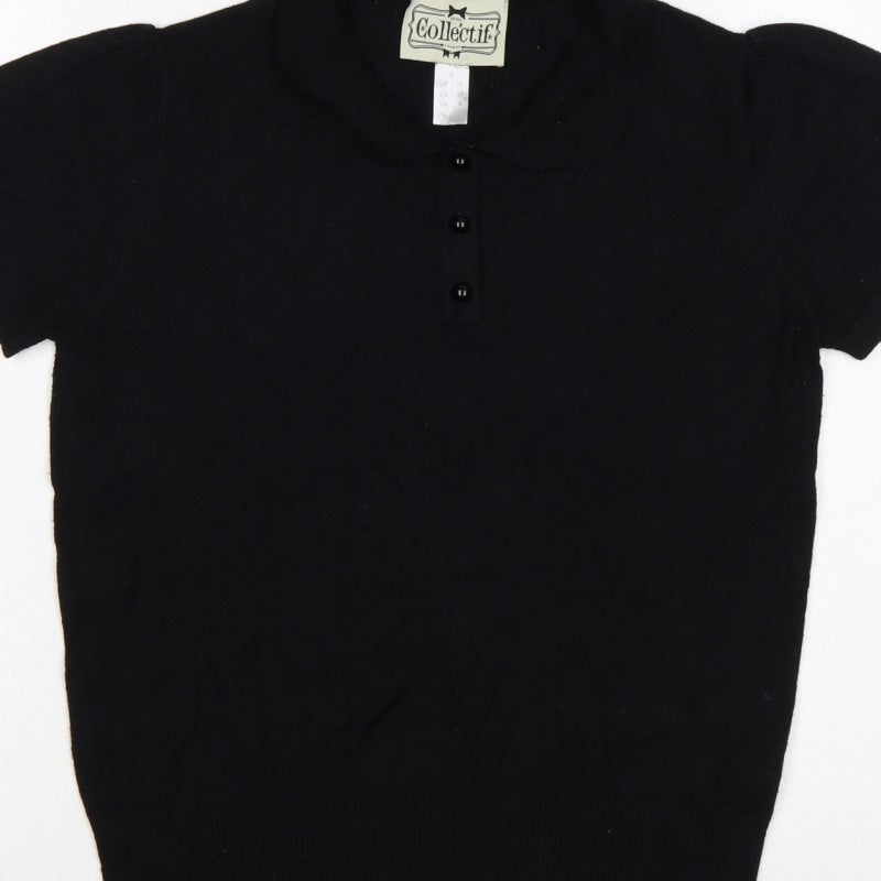 Collectif Women Black UK 12 Henley Collared Short Sleeve Knit Jumper