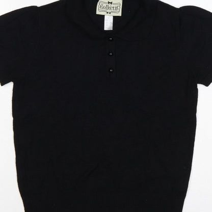 Collectif Women Black UK 12 Henley Collared Short Sleeve Knit Jumper