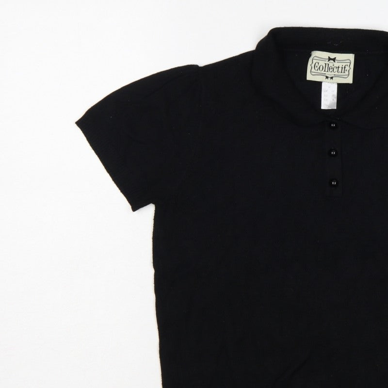 Collectif Women Black UK 12 Henley Collared Short Sleeve Knit Jumper