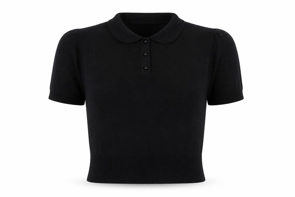Collectif Women Black UK 12 Henley Collared Short Sleeve Knit Jumper