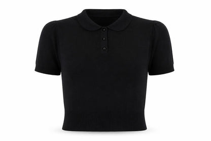 Collectif Women Black UK 12 Henley Collared Short Sleeve Knit Jumper