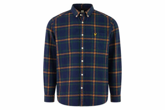 Front view of Lyle & Scott Men’s M Blue Green Plaid Button-Down Long Sleeve Shirt