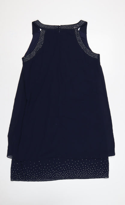 Klass Women Blue Size 16 Shift Dress Rhinestone Chiffon Party
