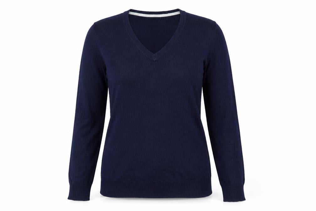 Front view of Crew Clothing Women's Navy Blue UK 8 V-Neck Cotton Cashmere Jumper